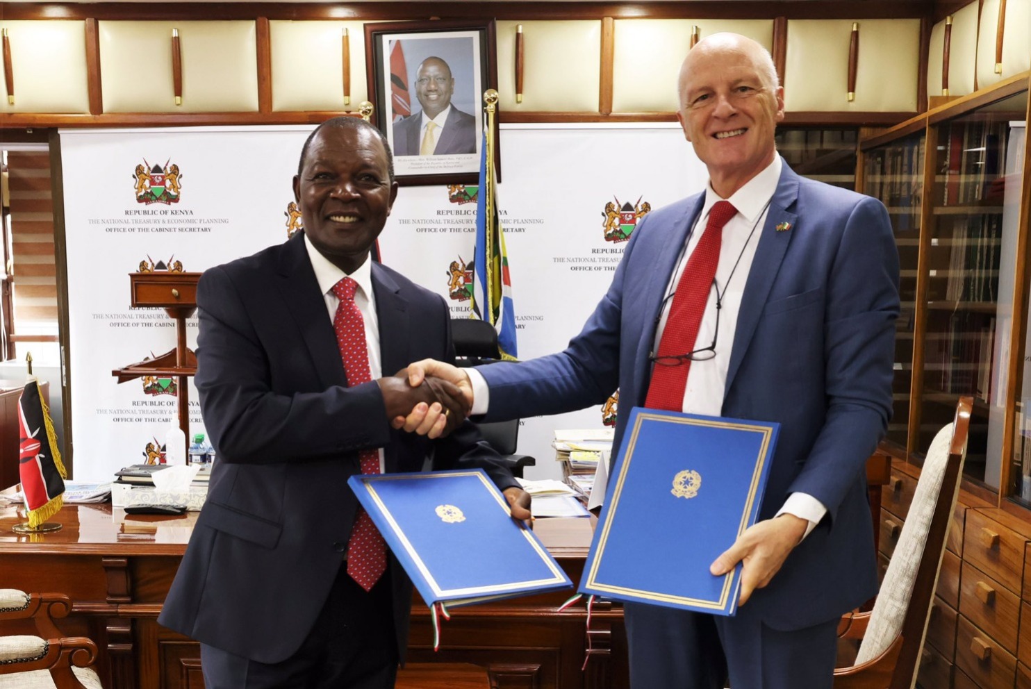 File image of Treasury CS Njuguna Ndungu and Italian Ambassador to Kenya Roberto Natali.